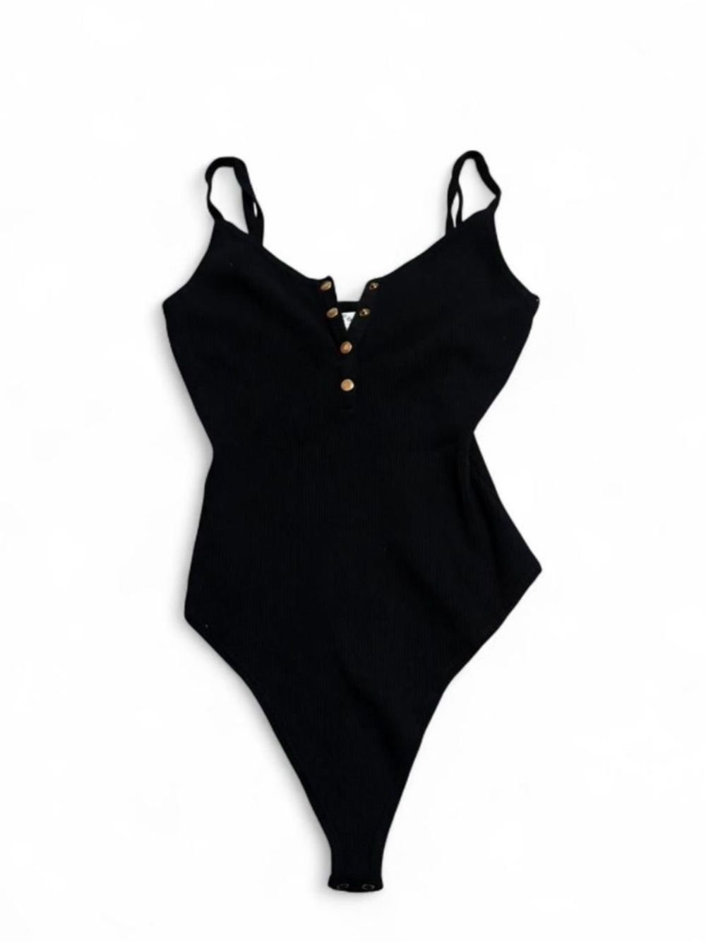 Love Tree Black Ribbed Bodysuit Gold Button V-neck Clean Girl Vibes